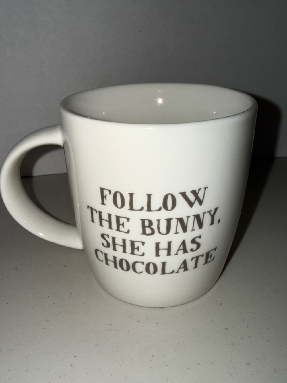Chocolate and Bunnies in one cute mug! Tag white ceramic mug NWOT
